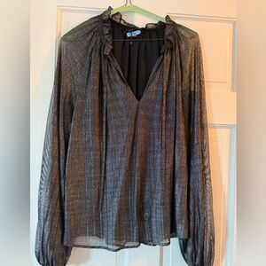 Sanctuary Sparkly Pleated Black Women's Top w V Ruffle  Collar and Sleeves, Sz S